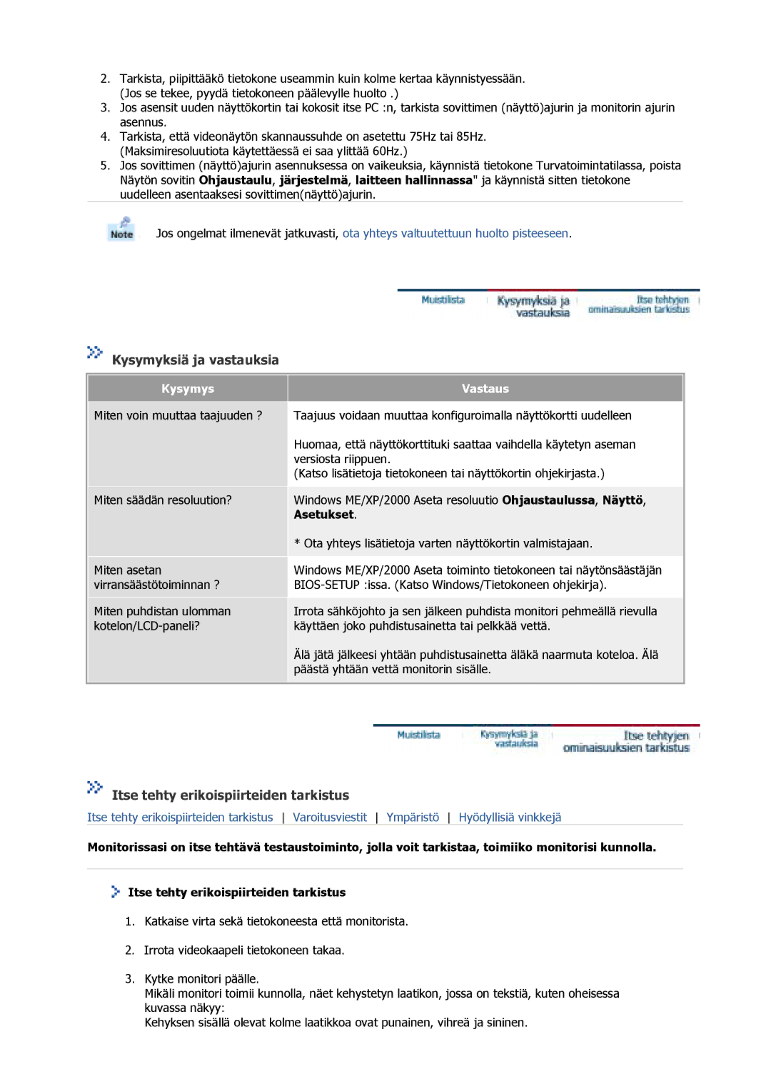 Samsung GS17MSSS/EDC, GS15MSSS/EDC manual Kysymyksiä ja vastauksia, Itse tehty erikoispiirteiden tarkistus, Asetukset 