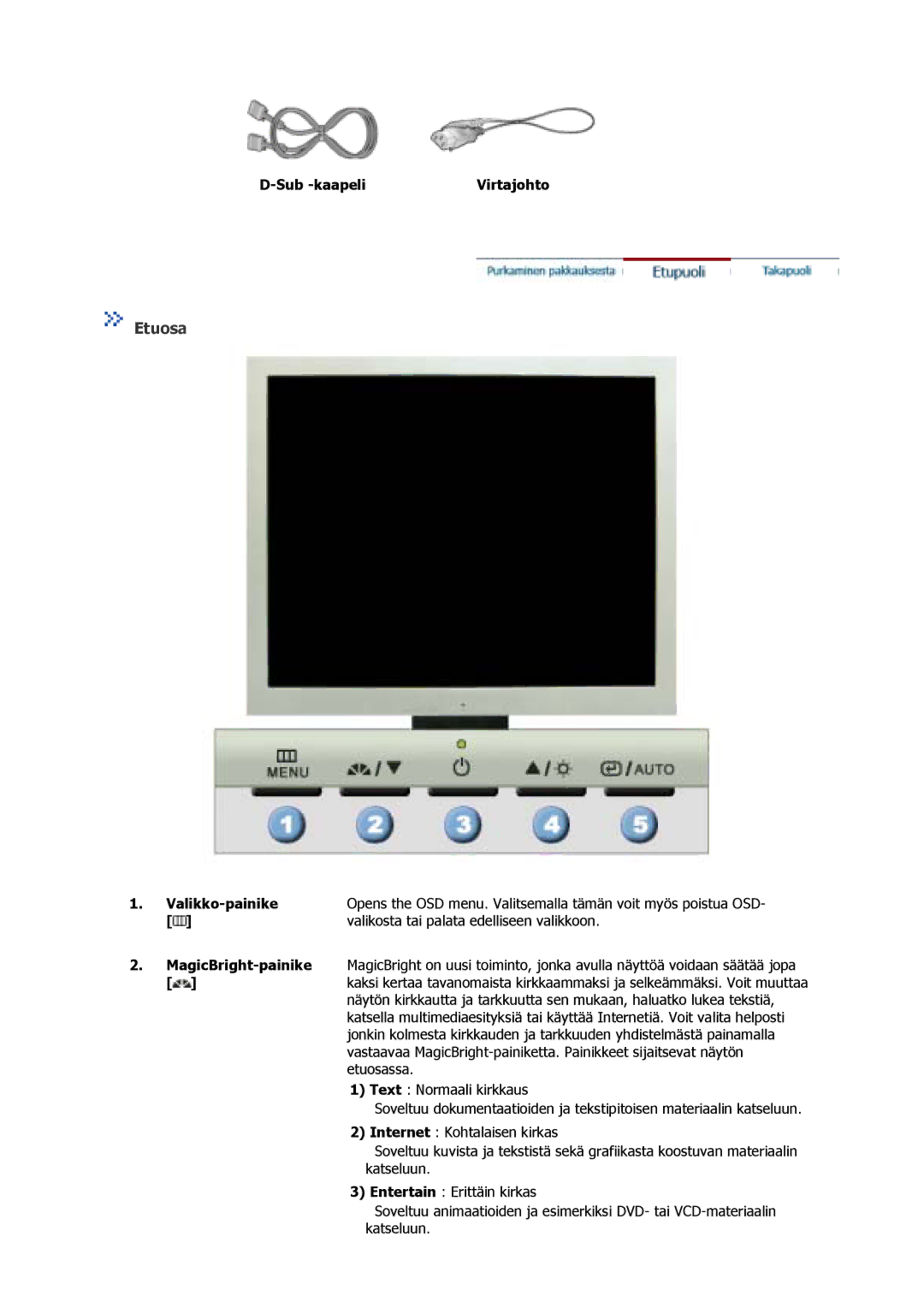 Samsung GS17MSSS/EDC, GS15MSSS/EDC, GS17VSSS/EDC manual Etuosa, Sub -kaapeliVirtajohto 