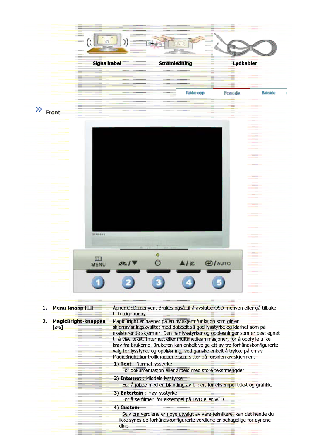 Samsung GS17MSSS/EDC, GS15MSSS/EDC, GS17VSSS/EDC manual Front, Signalkabel Strømledning Lydkabler 