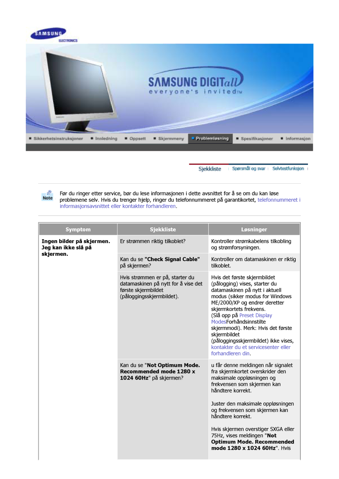 Samsung GS15MSSS/EDC Ingen bilder på skjermen. Jeg kan ikke slå på skjermen, Kan du se Check Signal Cable på skjermen? 