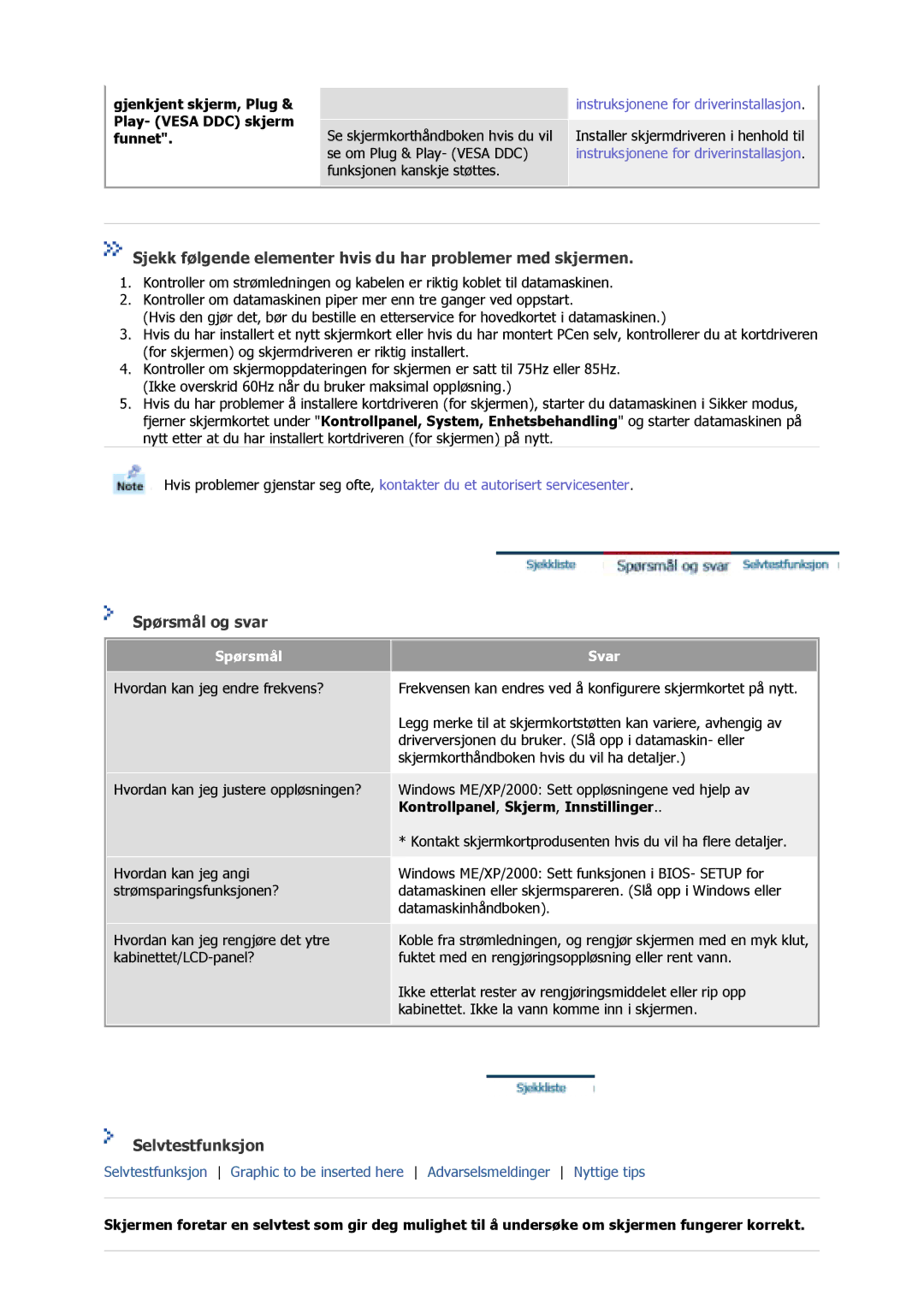 Samsung GS17MSSS/EDC manual Sjekk følgende elementer hvis du har problemer med skjermen, Spørsmål og svar, Selvtestfunksjon 