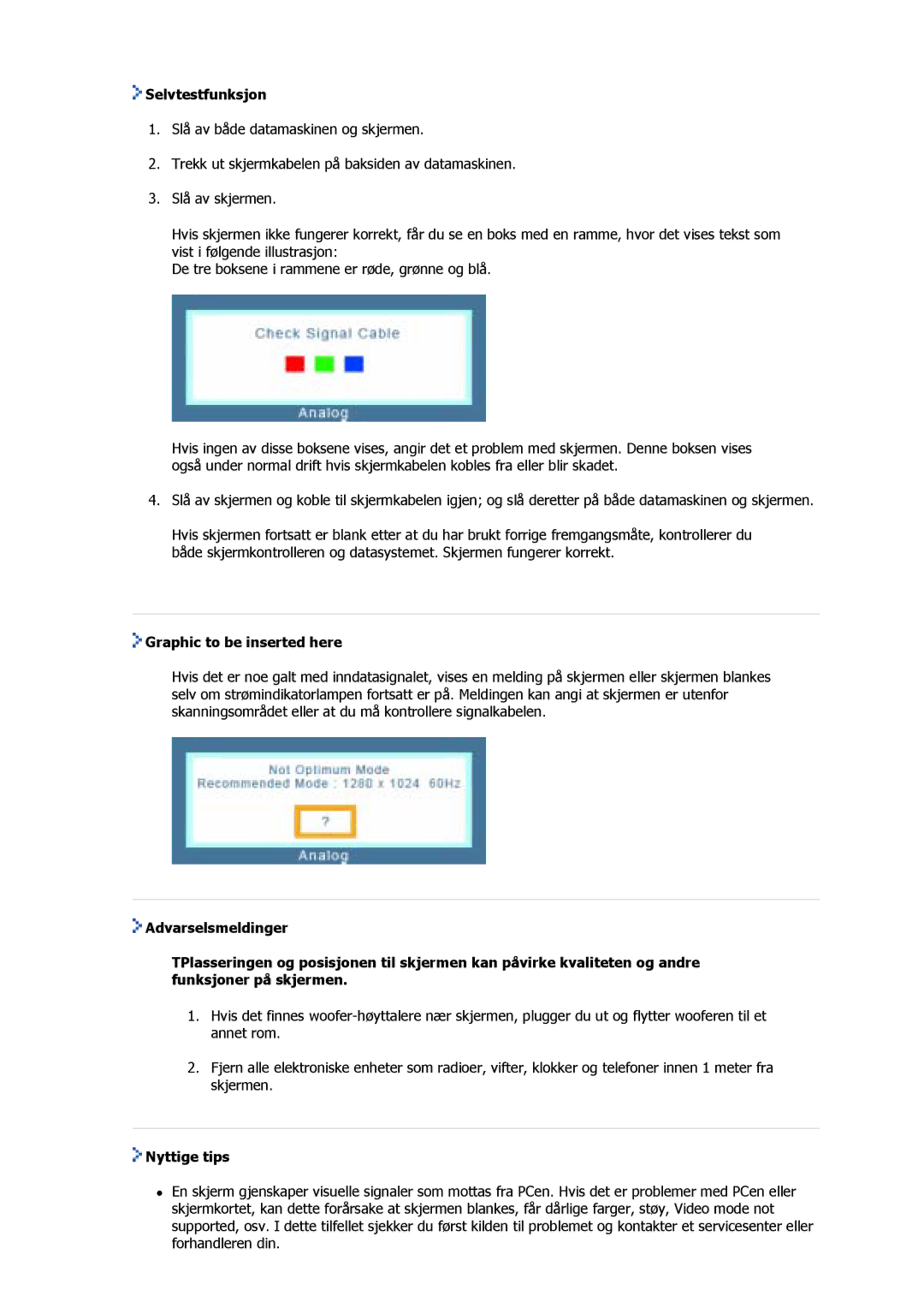 Samsung GS15MSSS/EDC, GS17MSSS/EDC, GS17VSSS/EDC manual Selvtestfunksjon, Graphic to be inserted here, Nyttige tips 