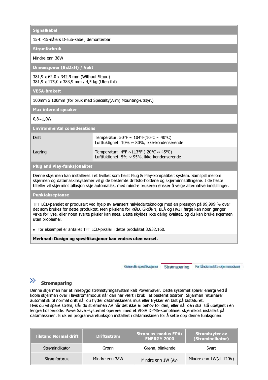 Samsung GS15MSSS/EDC, GS17MSSS/EDC, GS17VSSS/EDC manual Strømsparing 