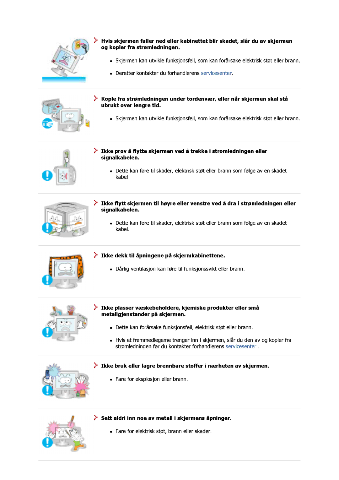 Samsung GS17MSSS/EDC manual Ikke dekk til åpningene på skjermkabinettene, Sett aldri inn noe av metall i skjermens åpninger 