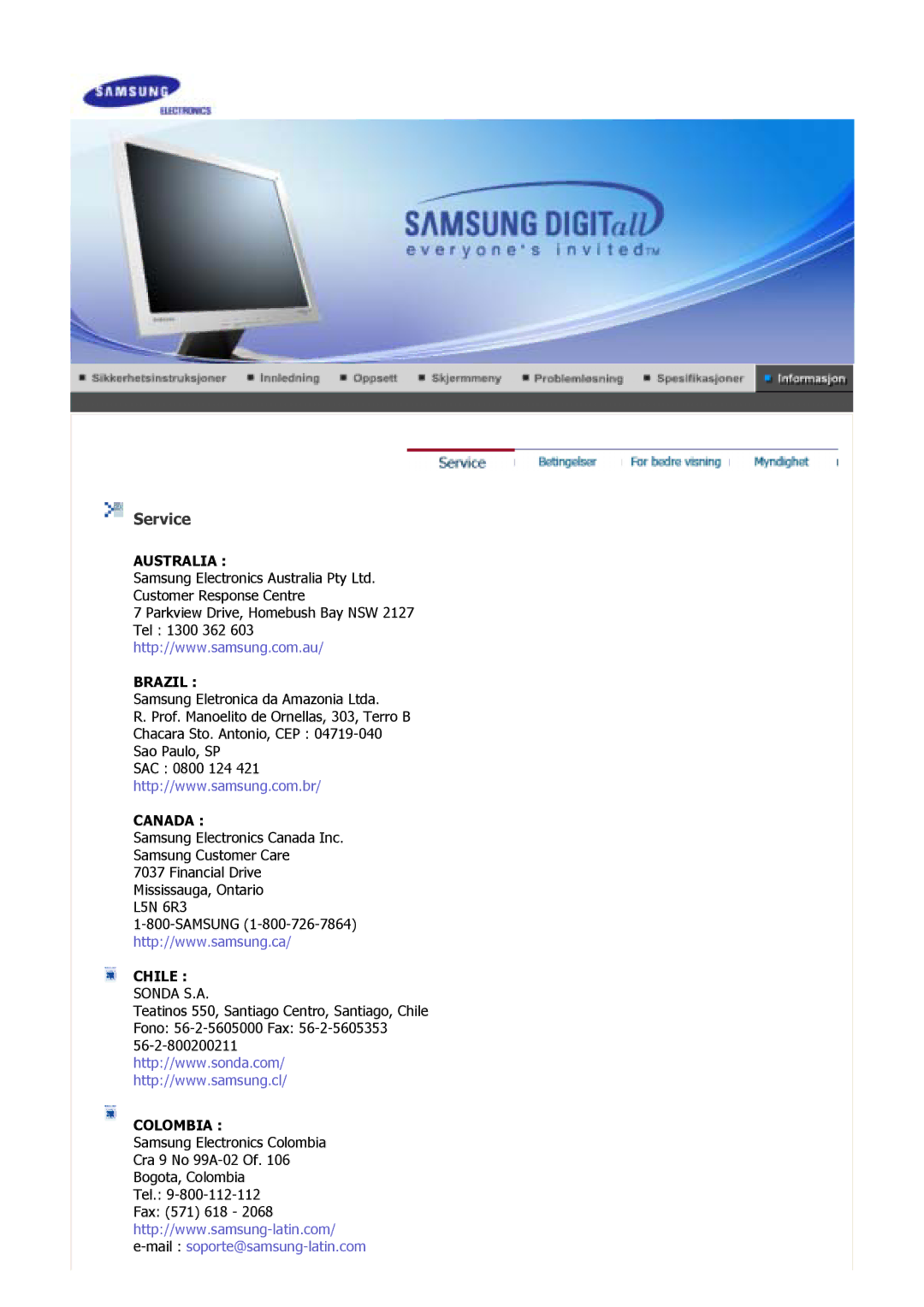 Samsung GS17VSSS/EDC, GS17MSSS/EDC, GS15MSSS/EDC manual Service, Australia Brazil 