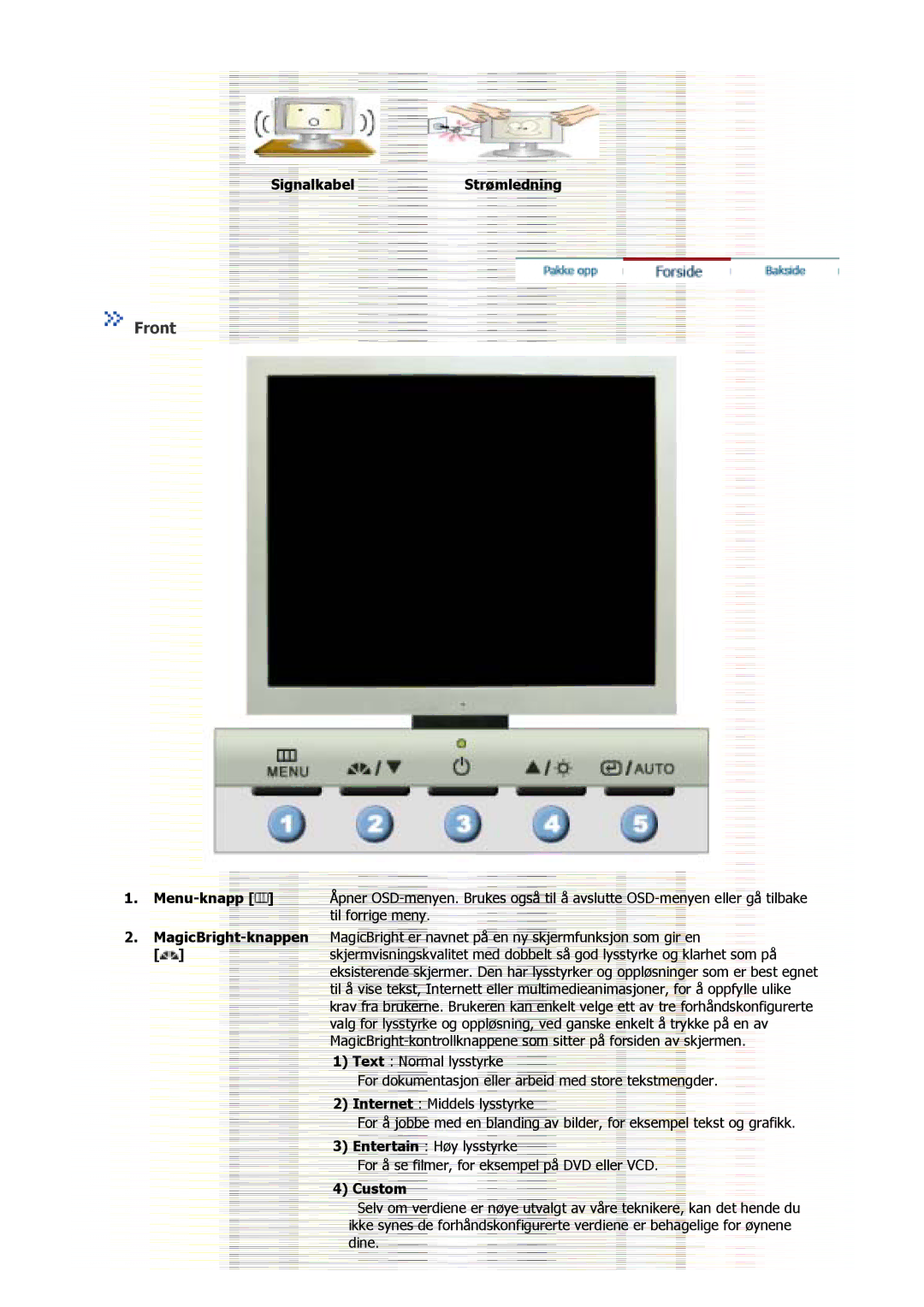 Samsung GS17MSSS/EDC, GS15MSSS/EDC, GS17VSSS/EDC manual Front, SignalkabelStrømledning, Custom 