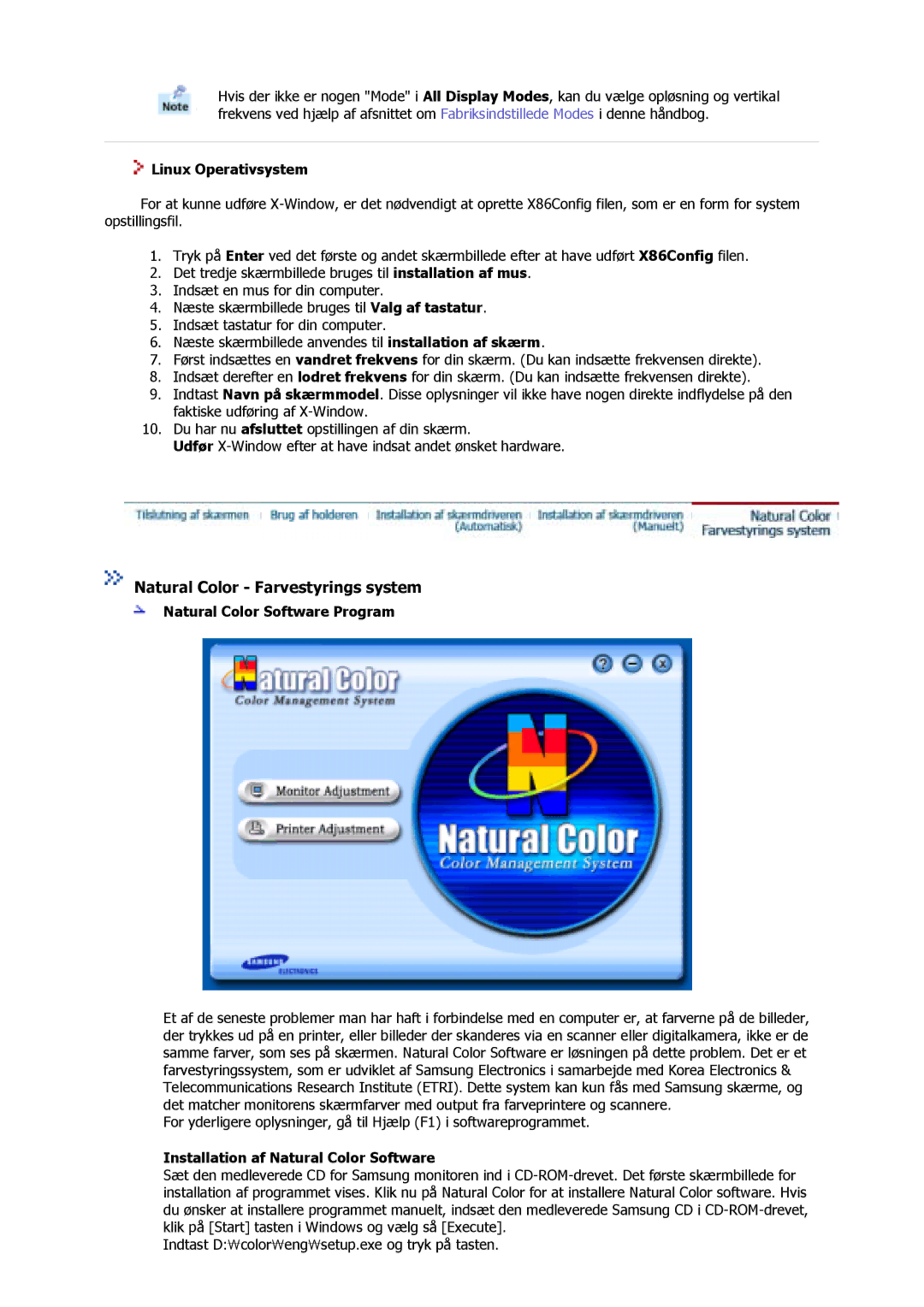 Samsung GS17MSSS/EDC manual Linux Operativsystem, Natural Color Software Program, Installation af Natural Color Software 