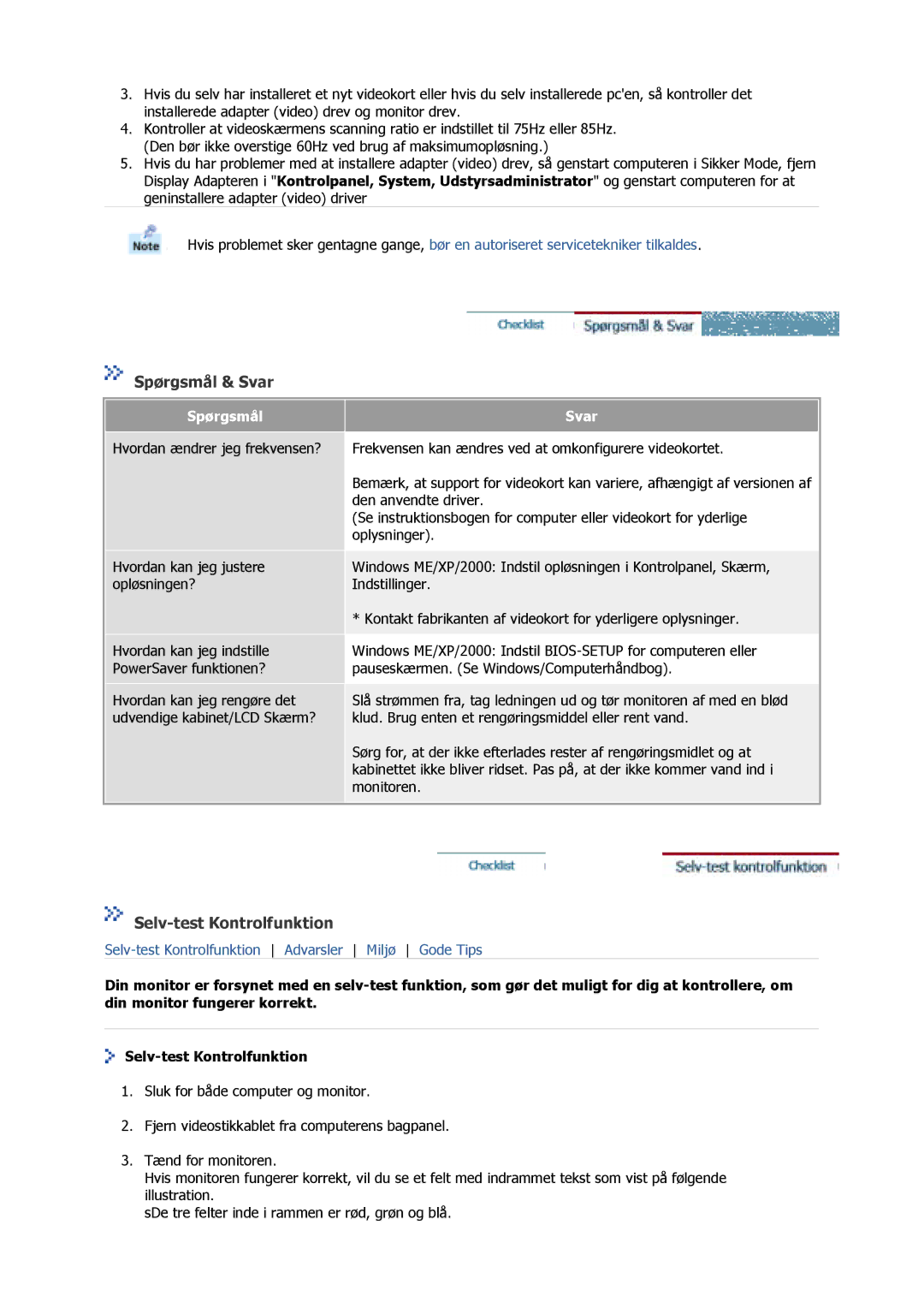 Samsung GS17MSSS/EDC, GS15MSSS/EDC, GS17VSSS/EDC manual Spørgsmål & Svar, Selv-test Kontrolfunktion 