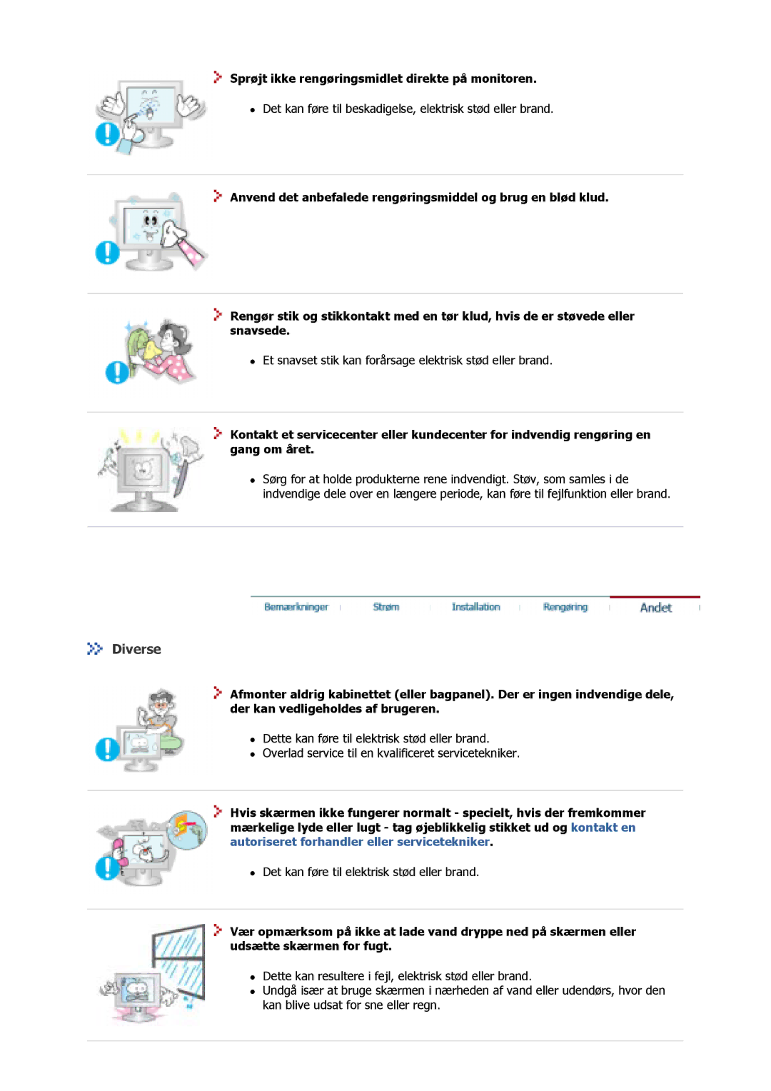 Samsung GS17VSSS/EDC, GS17MSSS/EDC, GS15MSSS/EDC manual Diverse, Sprøjt ikke rengøringsmidlet direkte på monitoren 
