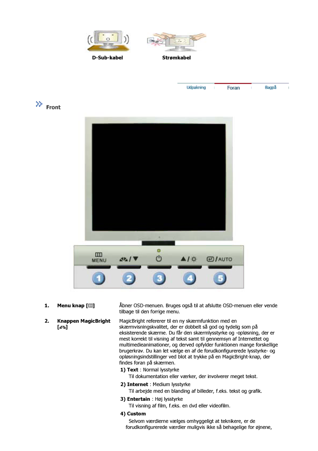 Samsung GS17MSSS/EDC, GS15MSSS/EDC, GS17VSSS/EDC manual Front, Sub-kabelStrømkabel, Menu knap, Custom 