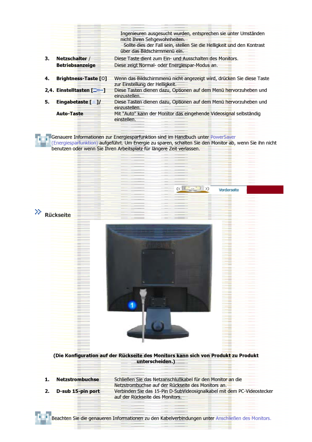 Samsung GS17VSSN/EDC, GS17MSSS/EDC, GS15MSSS/EDC, GS19MSSS/EDC manual Rückseite, Netzschalter, Betriebsanzeige, Auto-Taste 