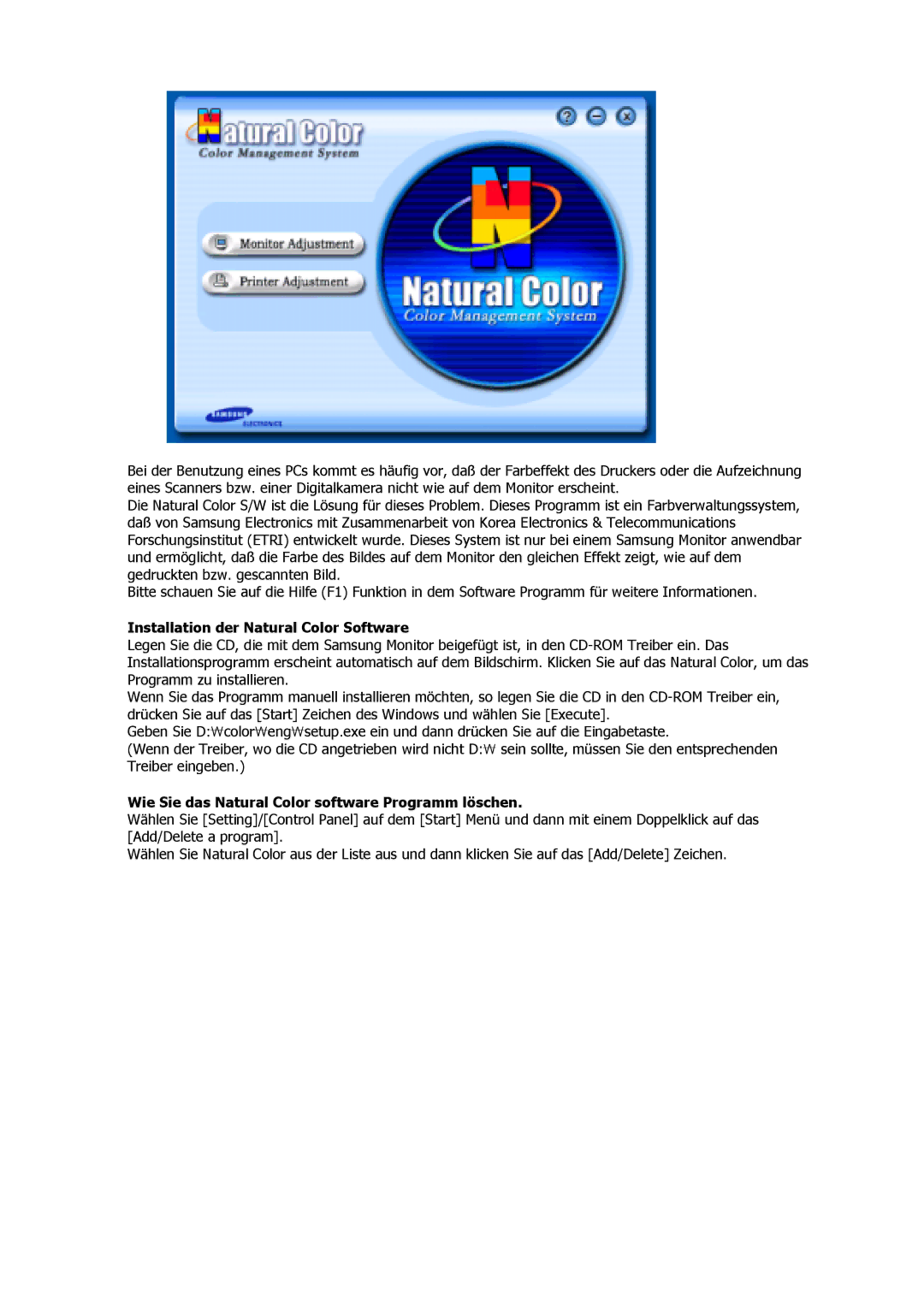 Samsung GS19MSSS/EDC manual Installation der Natural Color Software, Wie Sie das Natural Color software Programm löschen 
