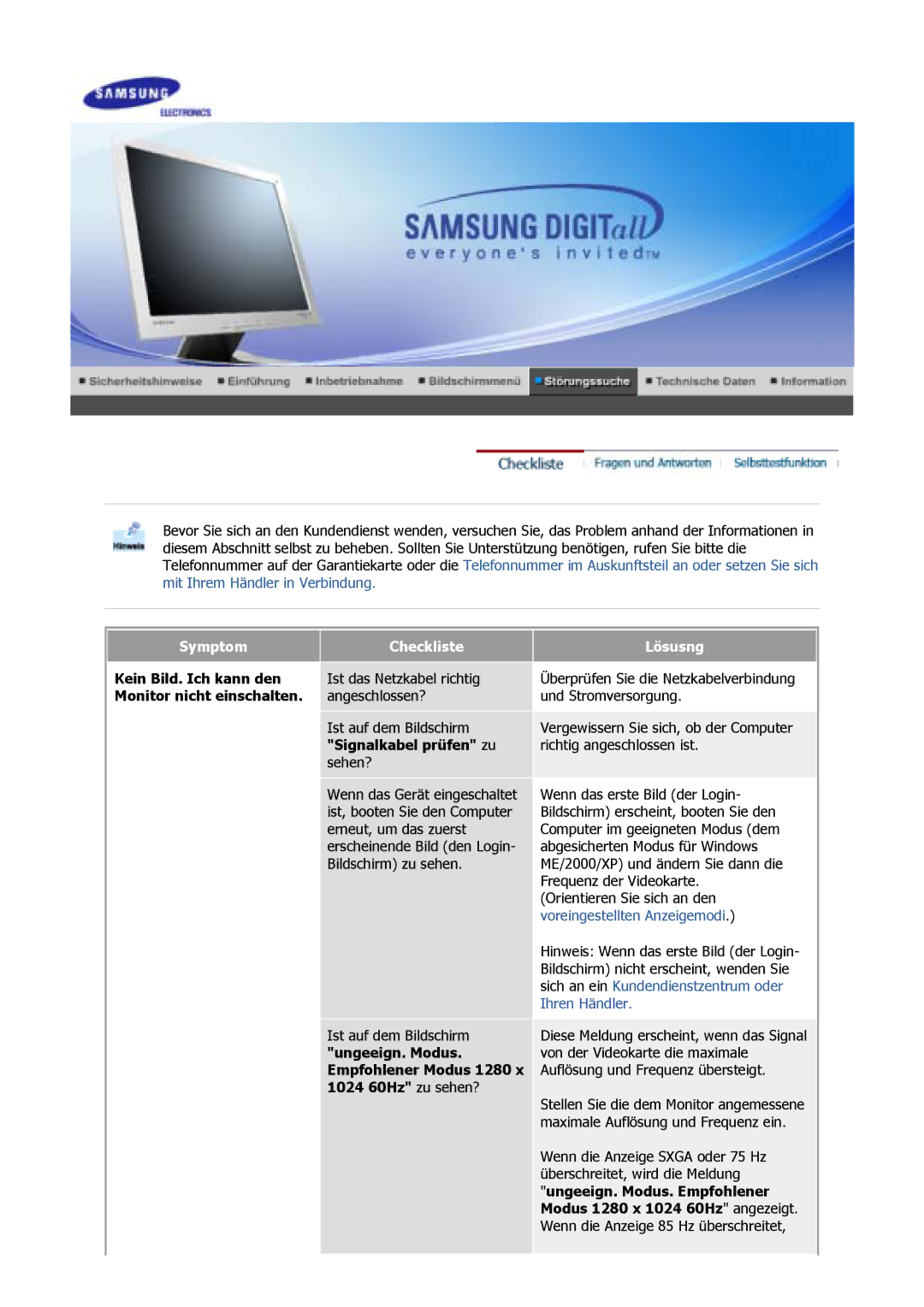 Samsung GS17VSSS/EDC, GS17MSSS/EDC, GS15MSSS/EDC Kein Bild. Ich kann den, Monitor nicht einschalten, Signalkabel prüfen zu 