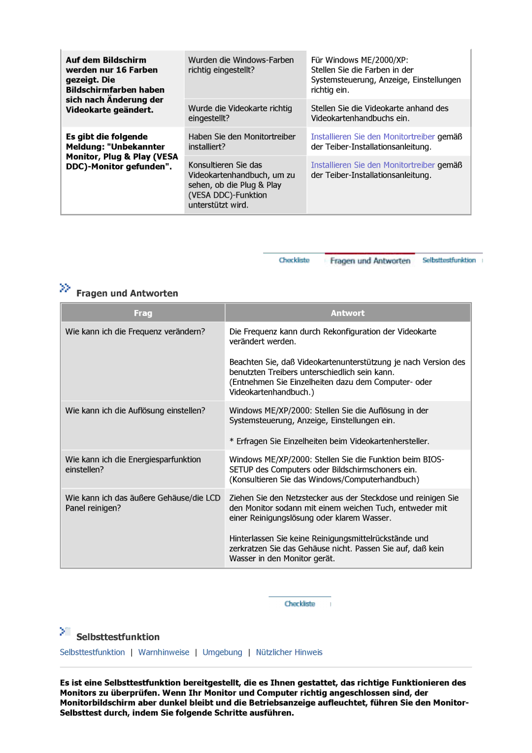 Samsung GS19VSSS/EDC, GS17MSSS/EDC, GS15MSSS/EDC, GS19MSSS/EDC, GS17VSSS/EDC manual Fragen und Antworten, Selbsttestfunktion 