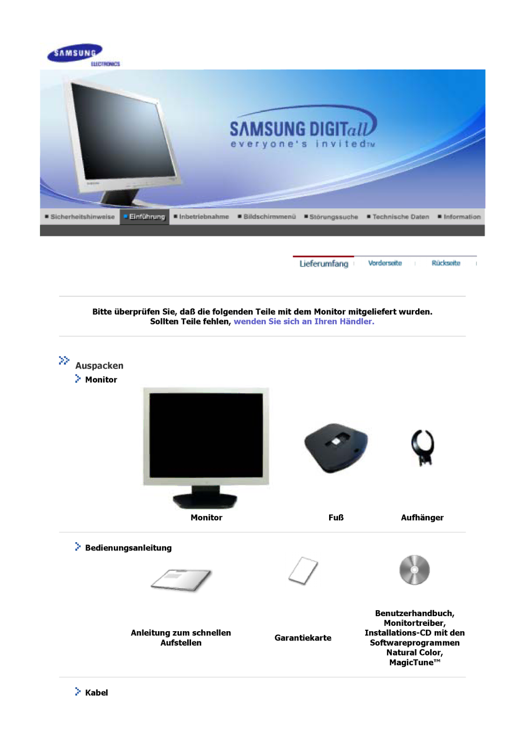 Samsung GS19MSSS/EDC, GS17MSSS/EDC, GS15MSSS/EDC, GS17VSSS/EDC, GS17VSSN/EDC, GS19VSSS/EDC, GS17CSSS/EDC manual Auspacken 