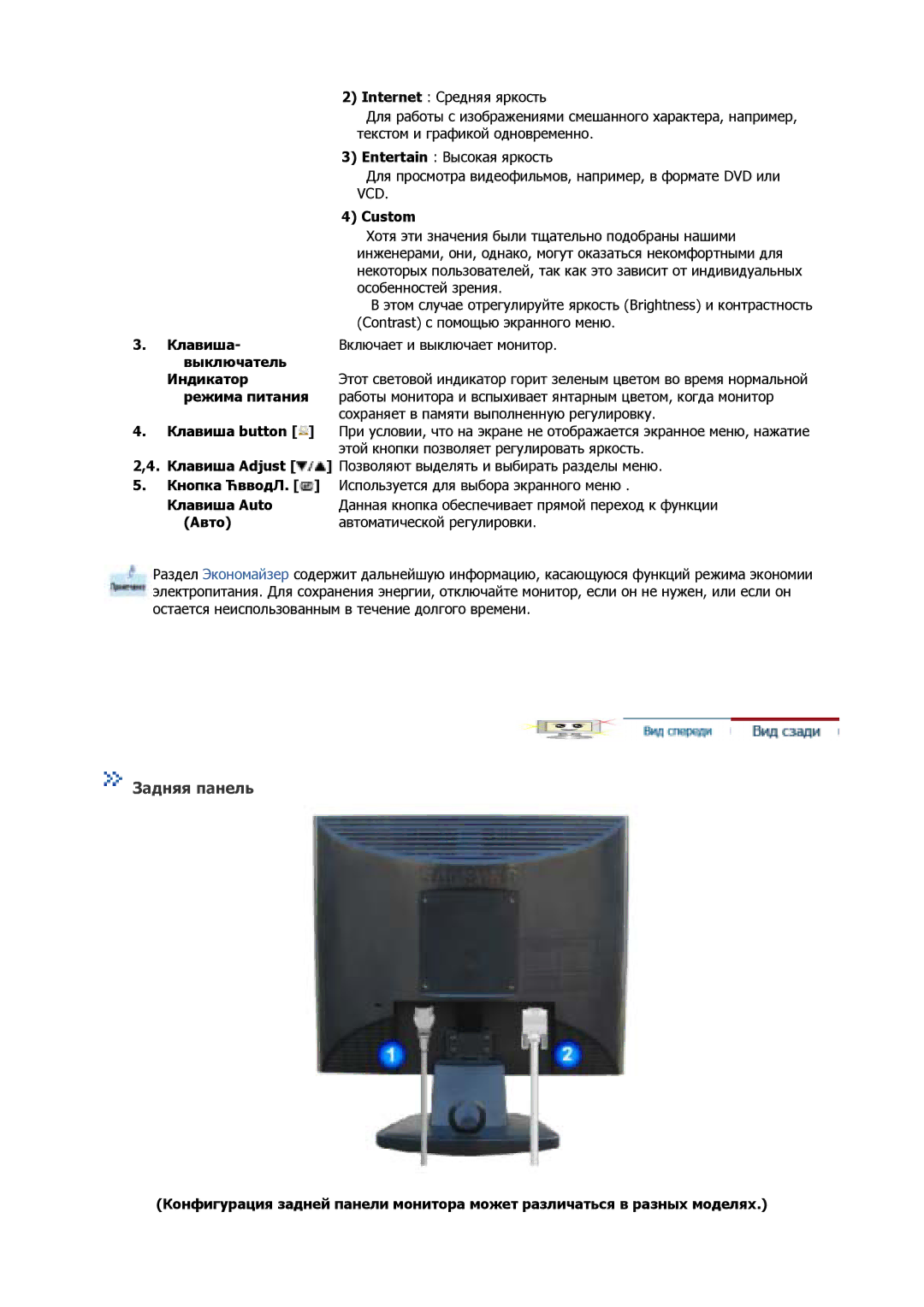 Samsung GS19MSSS/EDC, GS17MSSS/EDC, GS15MSSS/EDC, GS17VSSS/EDC, GS17VSSN/EDC, GS19VSSS/EDC, GS17CSSS/EDC manual Задняя панель 