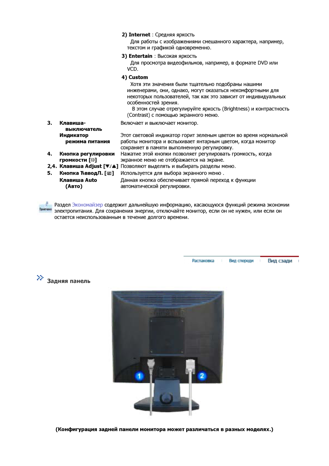 Samsung GS17CSSS/EDC, GS17MSSS/EDC, GS15MSSS/EDC, GS19MSSS/EDC, GS17VSSS/EDC, GS17VSSN/EDC, GS19VSSS/EDC manual Задняя панель 