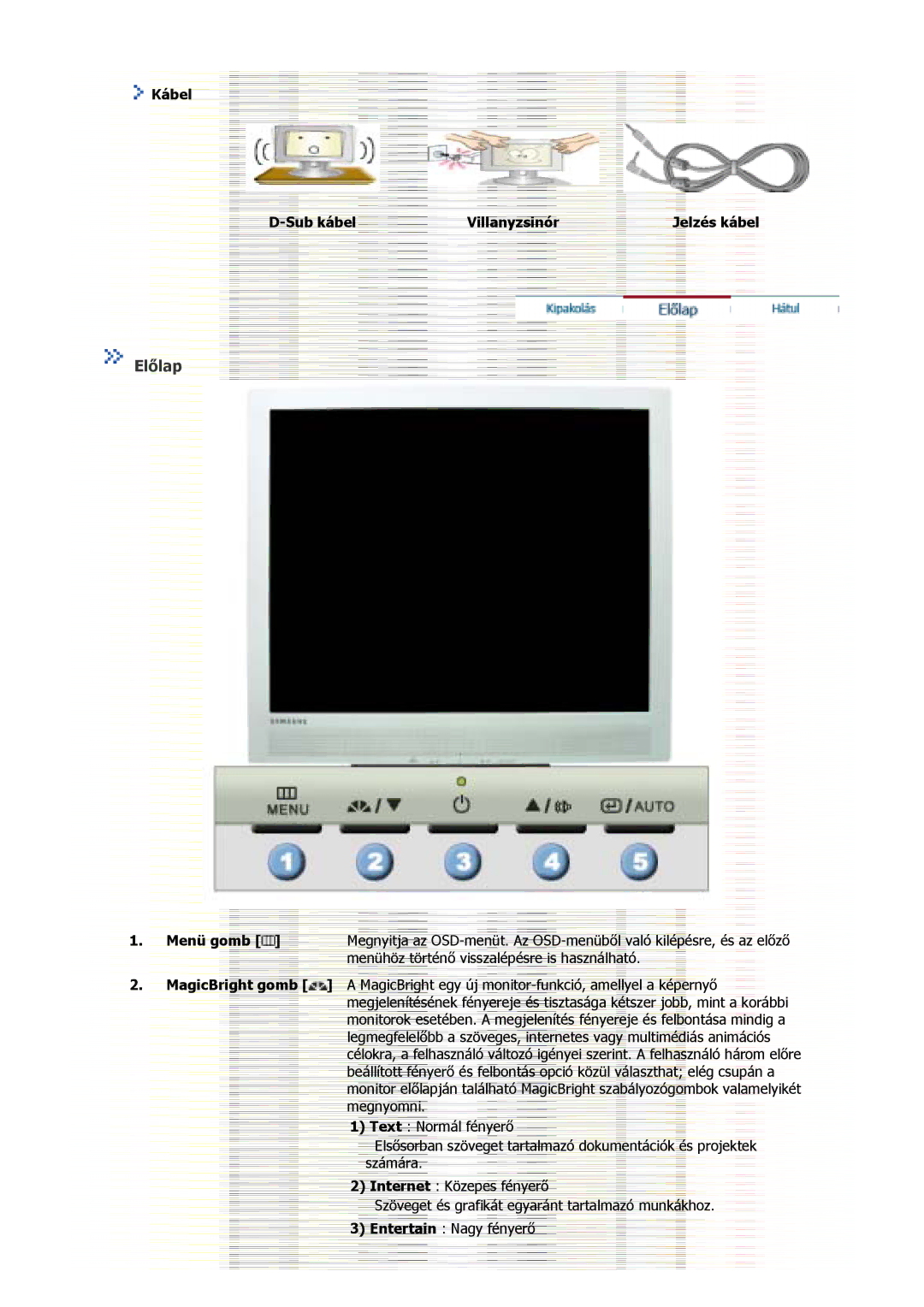 Samsung GS15MSSS/EDC, GS17MSSS/EDC, GS19MSSS/EDC, GS17VSSS/EDC manual Előlap, Kábel Sub kábel Villanyzsinór Jelzés kábel 