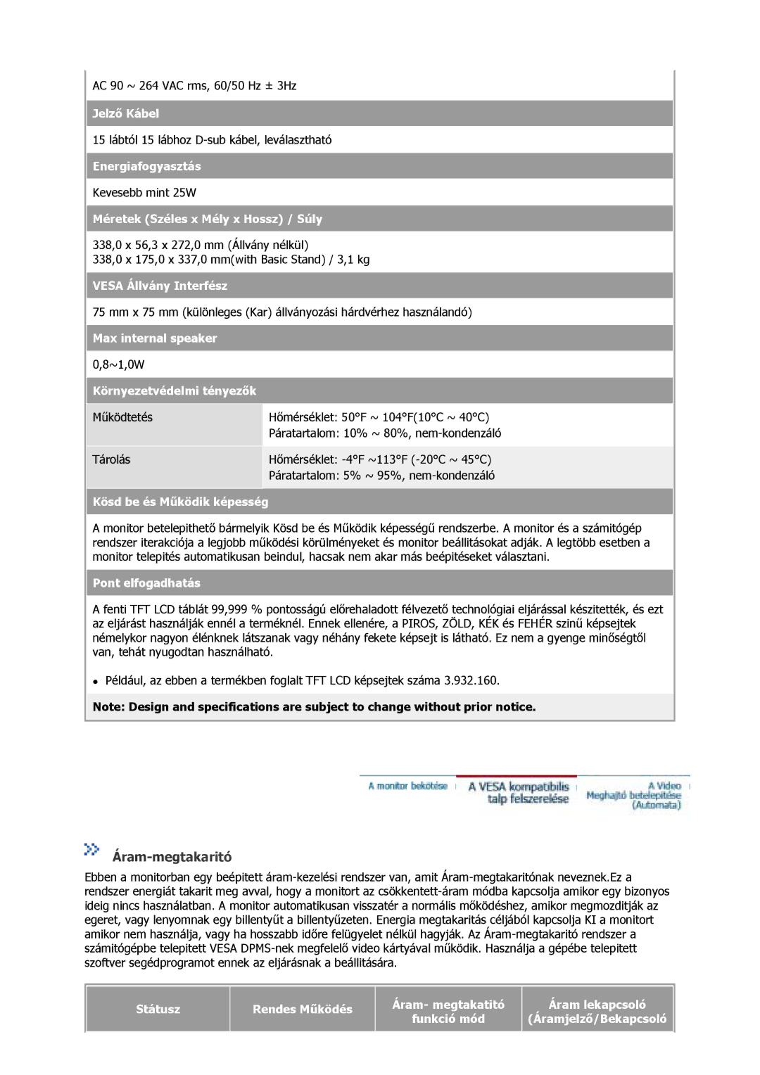 Samsung GS17VSSS/EDC, GS17MSSS/EDC, GS15MSSS/EDC manual Jelző Kábel, Max internal speaker 0,8~1,0W Környezetvédelmi tényezők 