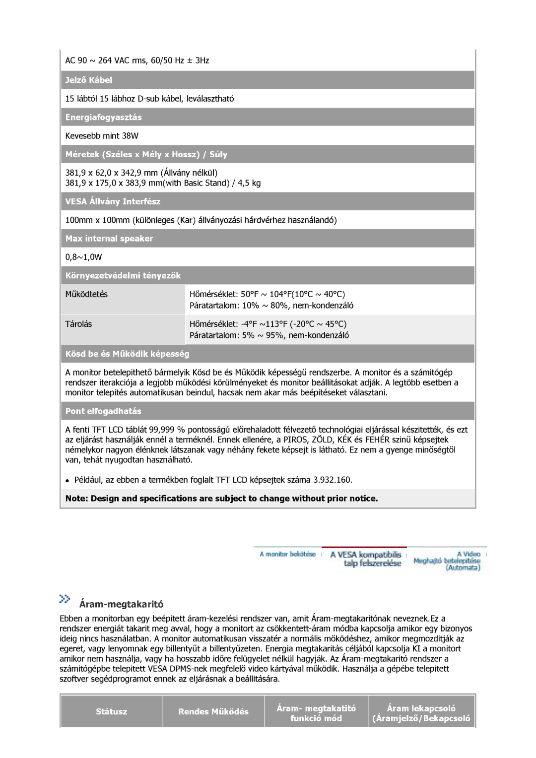 Samsung GS15MSSS/EDC, GS17MSSS/EDC, GS19MSSS/EDC, GS17VSSS/EDC, GS17VSSN/EDC, GS17CSSS/EDC manual Áram-megtakaritó 