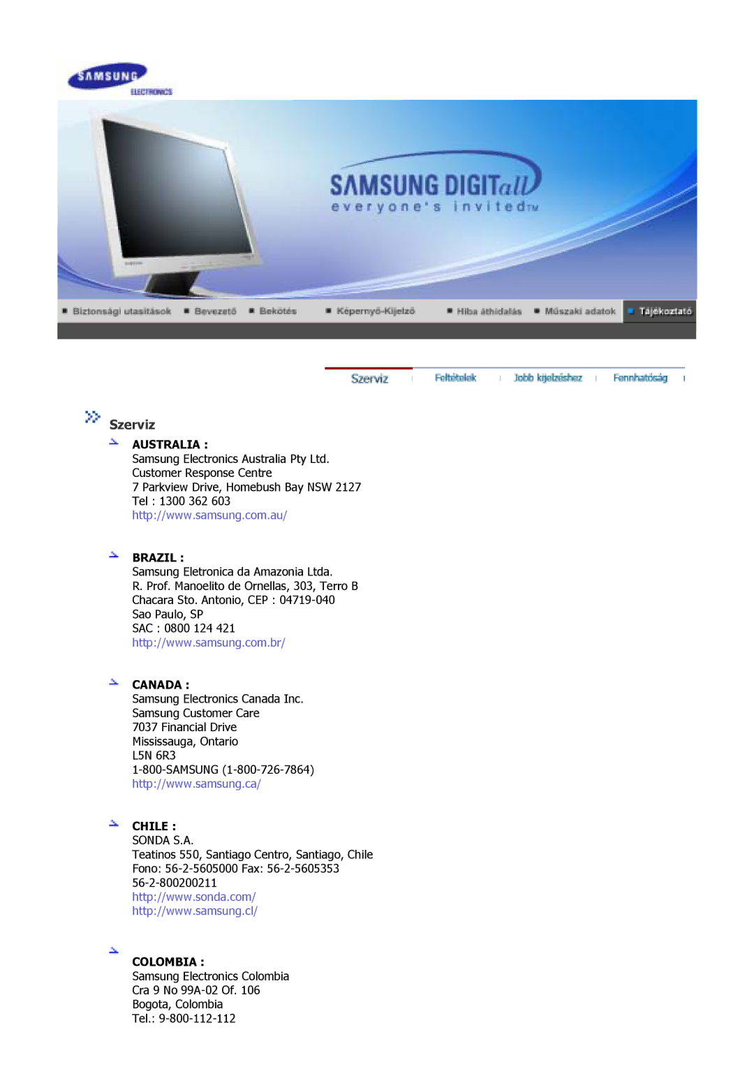 Samsung GS19MSSS/EDC, GS17MSSS/EDC, GS15MSSS/EDC, GS17VSSS/EDC, GS17VSSN/EDC, GS17CSSS/EDC manual Szerviz, Australia Brazil 