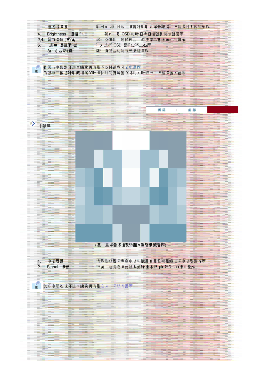 Samsung GS17VSSN/EDC 每个显示示的后前前配配有可但不不。, 电源源源 请把监监示的直器电源适配示插或监监示器后的电源源源或。, Signal 直源, 把信号电电电直或显示示器后的 15-pin， D-sub直插件。 