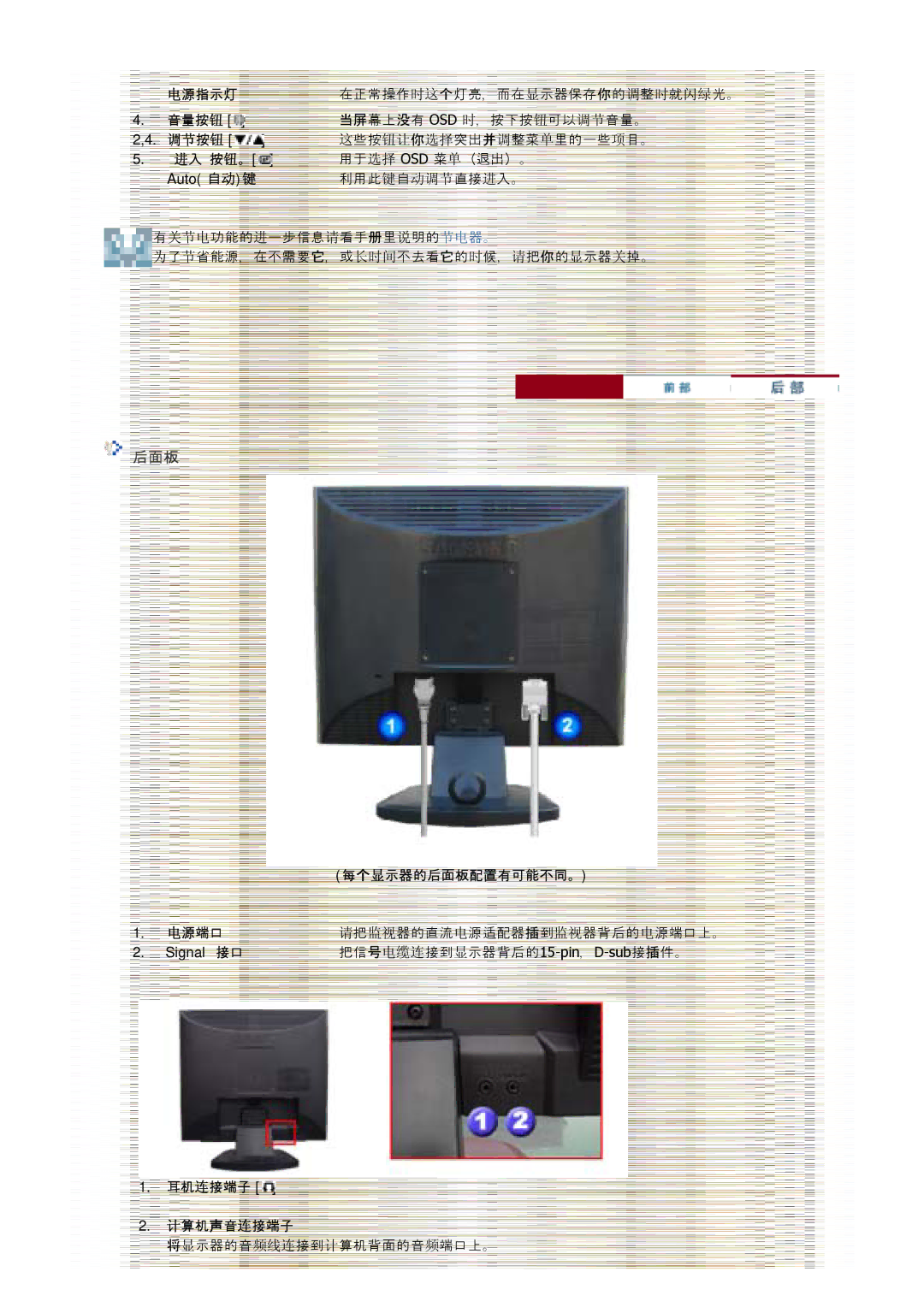 Samsung GS15MSSS/EDC, GS17MSSS/EDC manual 音音按钮 当屏幕或没有 Osd 时，按一按钮可有过过音音。, 过过按钮, 这些按钮钮你选选突也并过整菜单里的一些项目。, 耳耳电直源接 计算耳声音电直源接 