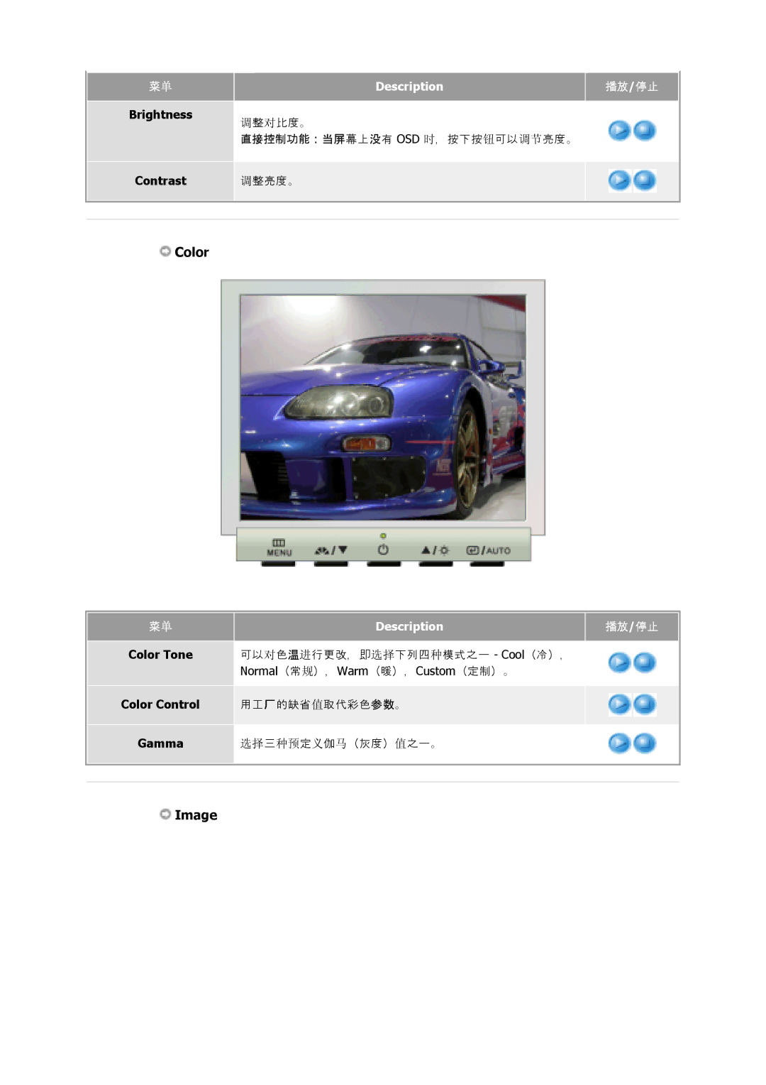 Samsung GS19MSSS/EDC, GS17MSSS/EDC, GS15MSSS/EDC, GS17VSSS/EDC manual Brightness, Contrast 调整以比。, Color Control 也用厂中的的值取取取色参参。 