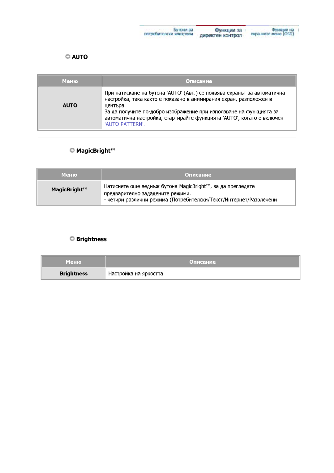 Samsung GS15MSSS/EDC, GS17MSSS/EDC, GS19MSSS/EDC, GS17VSSS/EDC, GY15VSSB/SAI, GY15VSSB/MYA manual Меню Описание, MagicBright 