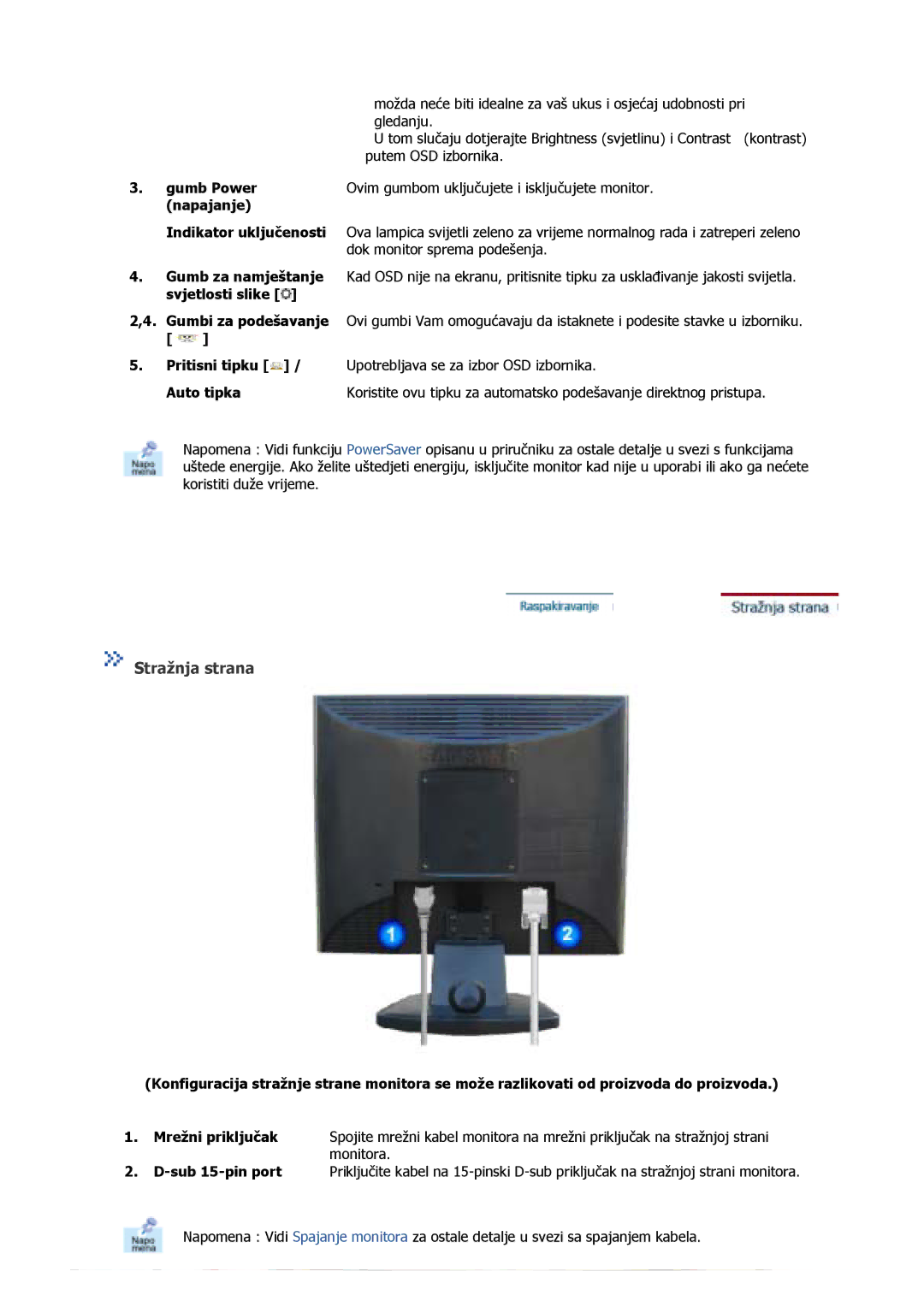 Samsung GS19MSSS/EDC, GS17MSSS/EDC, GS15MSSS/EDC, GS17VSSS/EDC manual Stražnja strana, Gumb Power, Napajanje, Auto tipka 