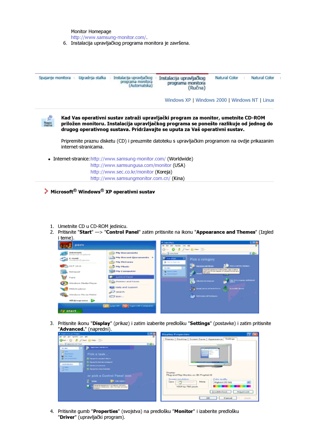 Samsung GS17VSSS/EDC, GS17MSSS/EDC, GS15MSSS/EDC, GS19MSSS/EDC manual Microsoft Windows XP operativni sustav 