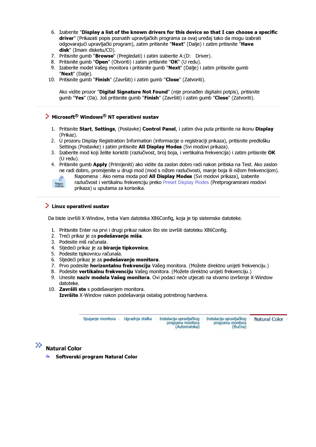 Samsung GS19MSSS/EDC Microsoft Windows NT operativni sustav, Linux operativni sustav, Softverski program Natural Color 