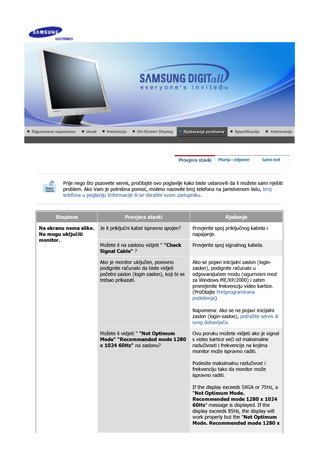 Samsung GS19MSSS/EDC Na ekranu nema slike. Ne mogu uključiti monitor, Mode Recommanded mode 1280 x 1024 60Hz na zaslonu? 