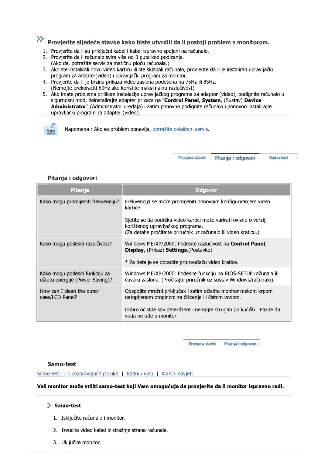 Samsung GS17MSSS/EDC, GS15MSSS/EDC, GS19MSSS/EDC, GS17VSSS/EDC manual Pitanja i odgovori, Samo-test 