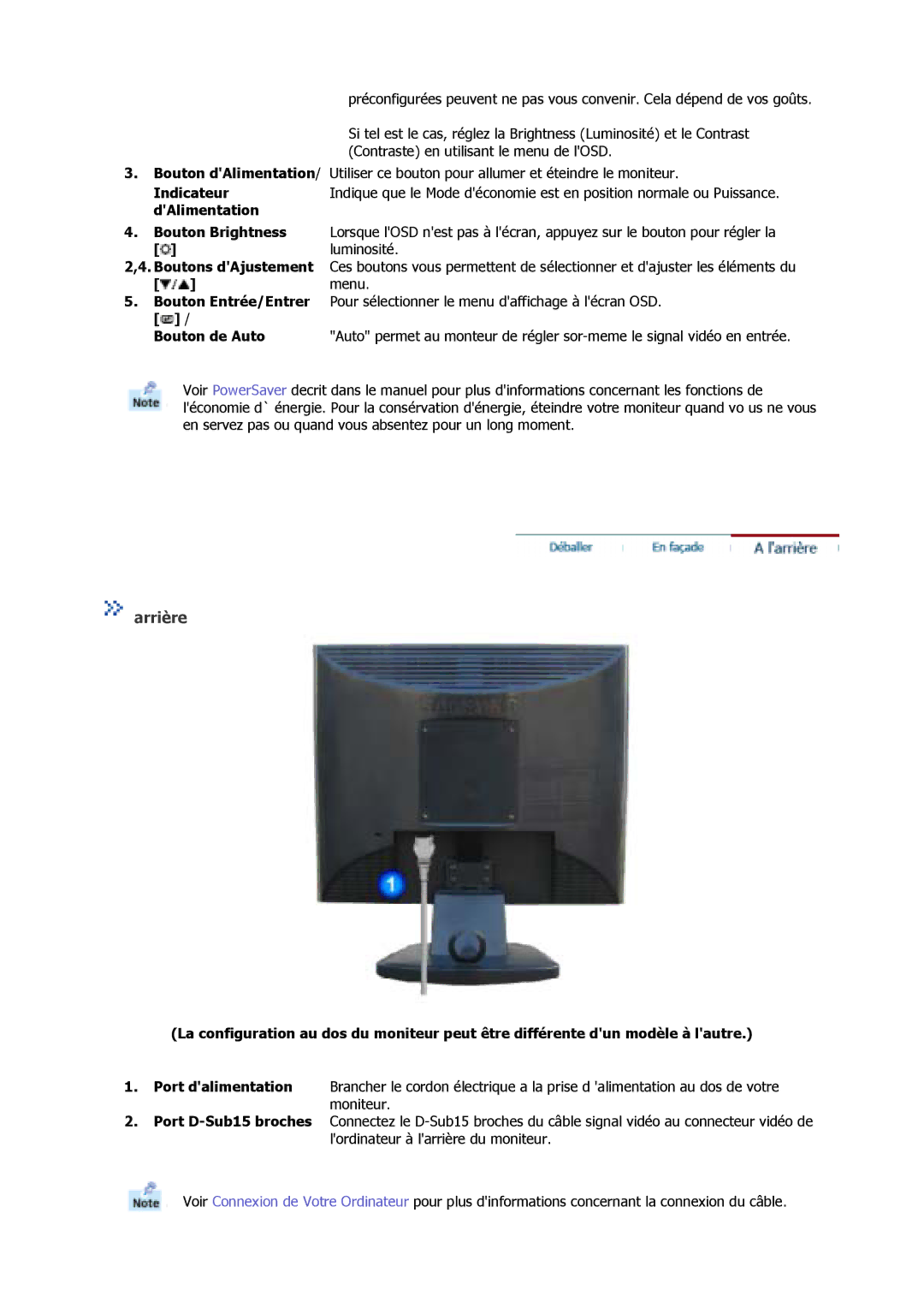 Samsung GY15VSSS, GS17MSSS/EDC, GS15MSSS/EDC, GY15VSSN/XSE, GY15VSSB/XSE, GS19MSSS/EDC, GS17VSSS/EDC, GS17VSSN/EDC manual Arrière 