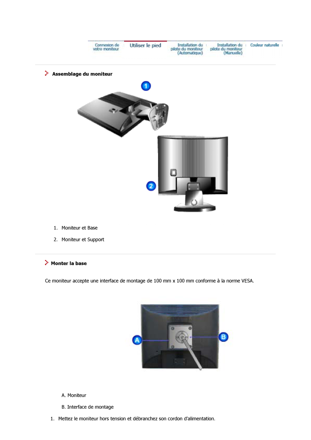 Samsung GS17VSSS/EDC, GS17MSSS/EDC, GS15MSSS/EDC, GY15VSSN/XSE, GY15VSSB/XSE, GY15VSSS Assemblage du moniteur, Monter la base 