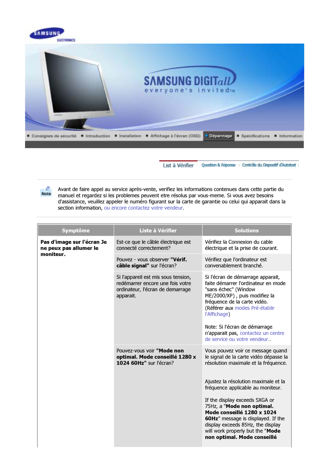 Samsung GY15VSSN/XSE manual Symptôme, Pas dimage sur lécran Je ne peux pas allumer le moniteur, Liste à Vérifier, Solutions 