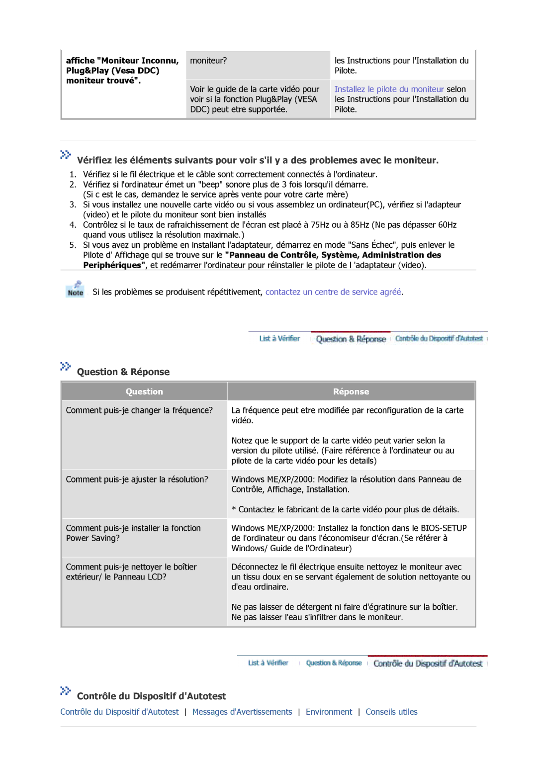 Samsung GS19MSSS/EDC, GS17MSSS/EDC, GS15MSSS/EDC, GY15VSSN/XSE, GY15VSSS Question & Réponse, Contrôle du Dispositif dAutotest 