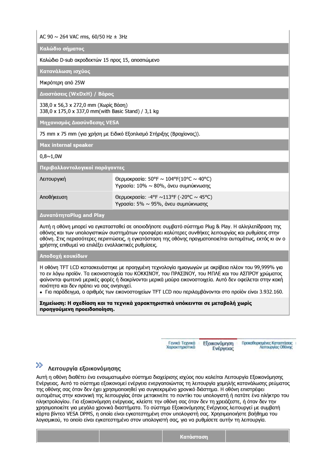 Samsung GS17MSSS/EDC, GS19MSSS/EDC, GS17VSSS/EDC, GS17CSSS/EDC manual Max internal speaker, Κατάσταση 