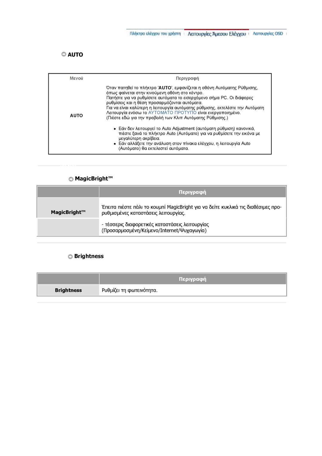 Samsung GS17VSSS/EDC, GS17CSSS/EDC manual Περιγραφή, MagicBright, Brightness Ρυθµίζει τη φωτεινότητα 