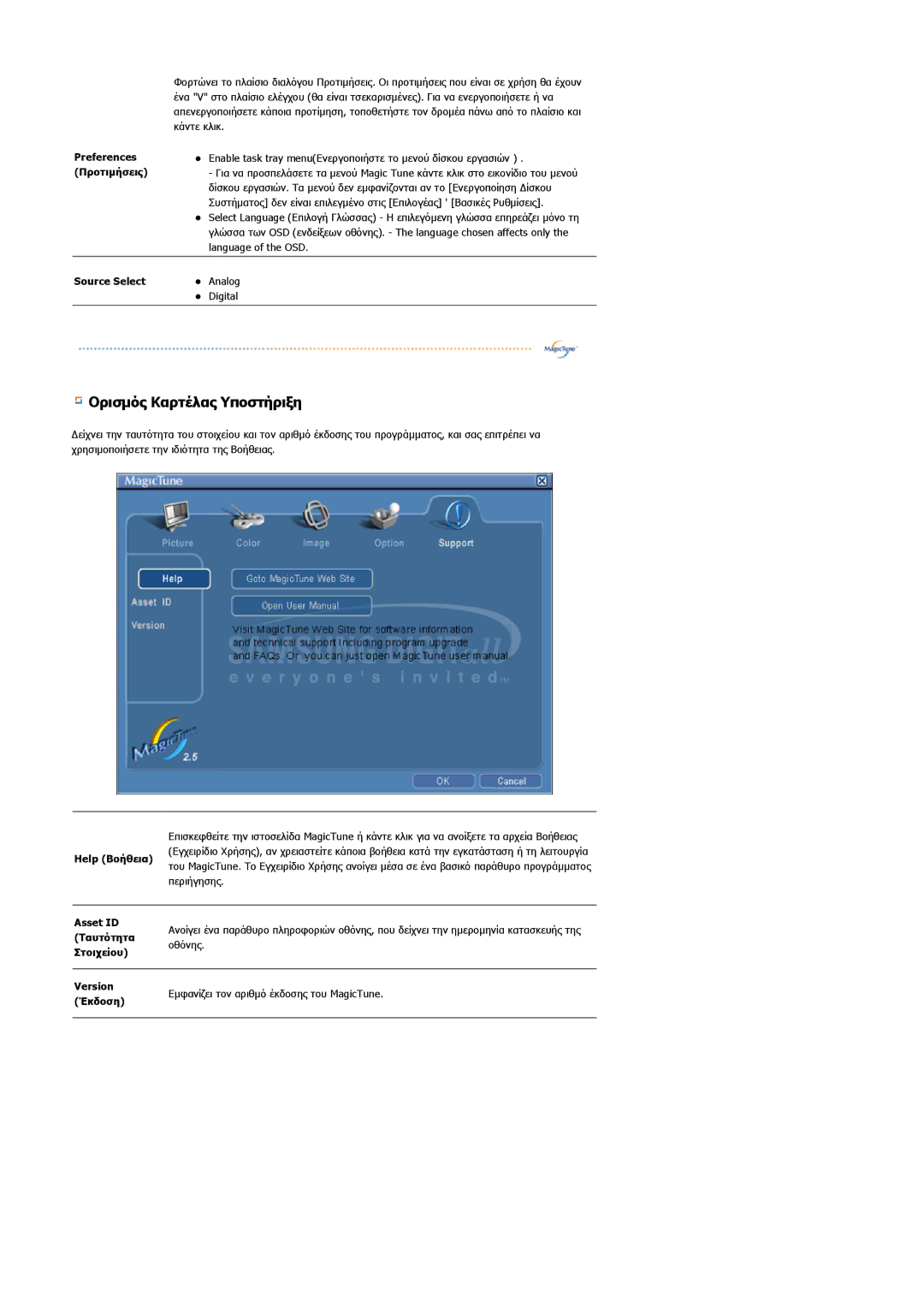 Samsung GS17CSSS/EDC, GS17VSSS/EDC manual Ορισµός Καρτέλας Υποστήριξη, Preferences Προτιµήσεις 