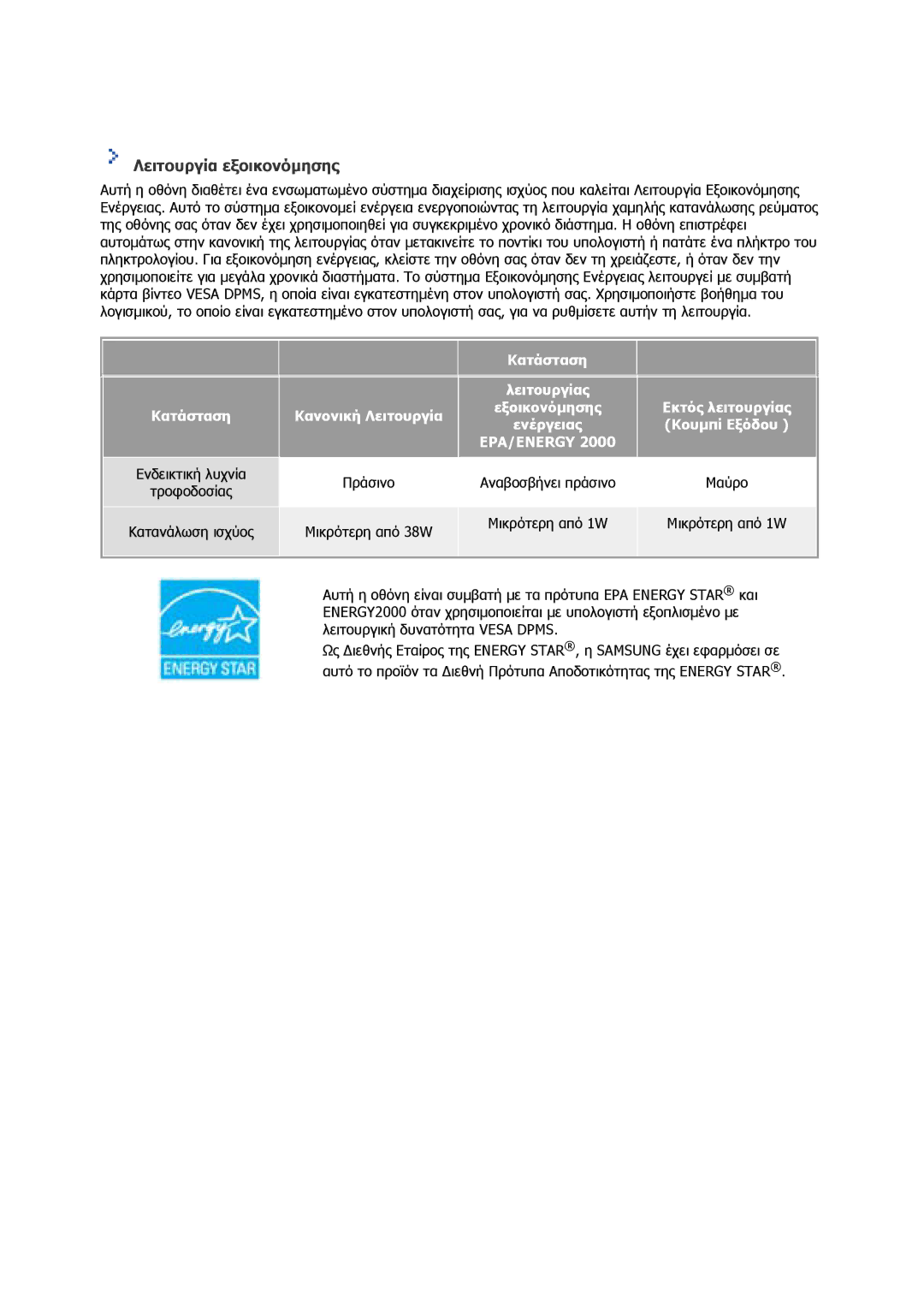 Samsung GS17CSSS/EDC, GS17VSSS/EDC manual Λειτουργία εξοικονόµησης, Ενδεικτική λυχνία Πράσινο Αναβοσβήνει πράσινο 