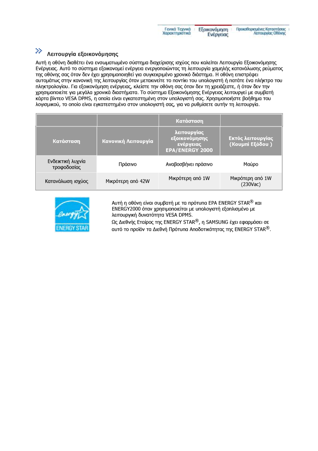 Samsung GS17CSSS/EDC, GS17VSSS/EDC manual Λειτουργία εξοικονόµησης, Κατανάλωση ισχύος Μικρότερη από 42W 