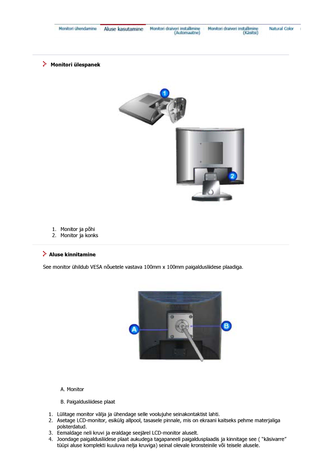 Samsung GS17VSSS/EDC, GS17VSSN/EDC, GS17CSSS/EDC manual Monitori ülespanek, Aluse kinnitamine 