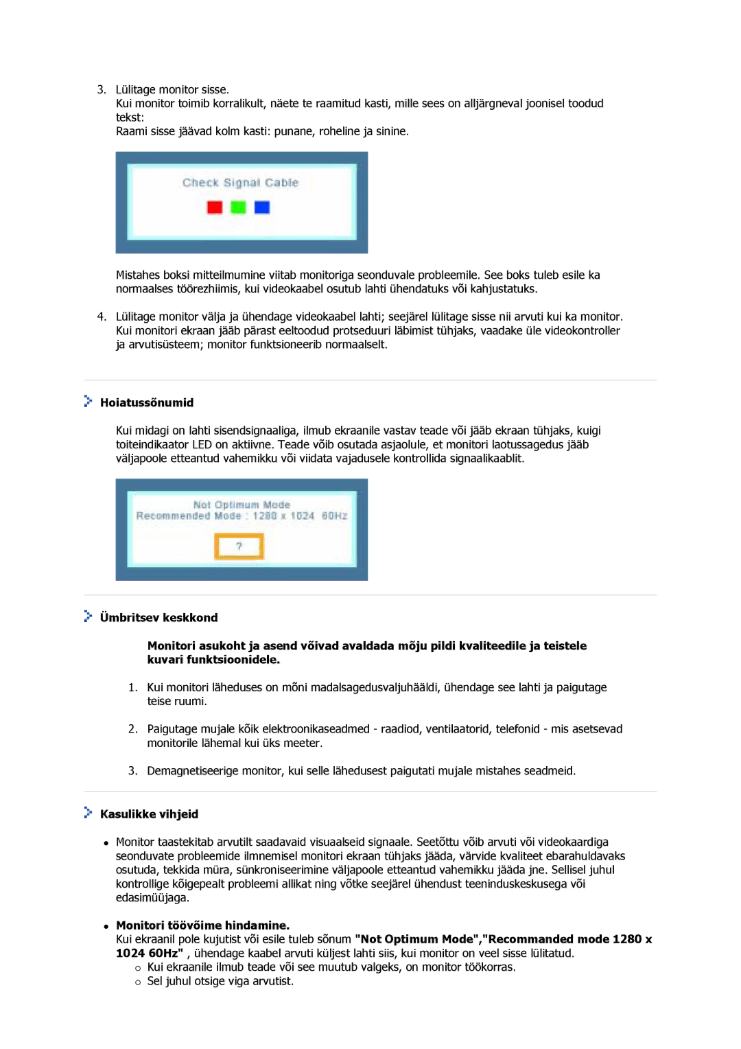 Samsung GS17VSSS/EDC, GS17VSSN/EDC, GS17CSSS/EDC manual Hoiatussõnumid, Kasulikke vihjeid, Monitori töövõime hindamine 