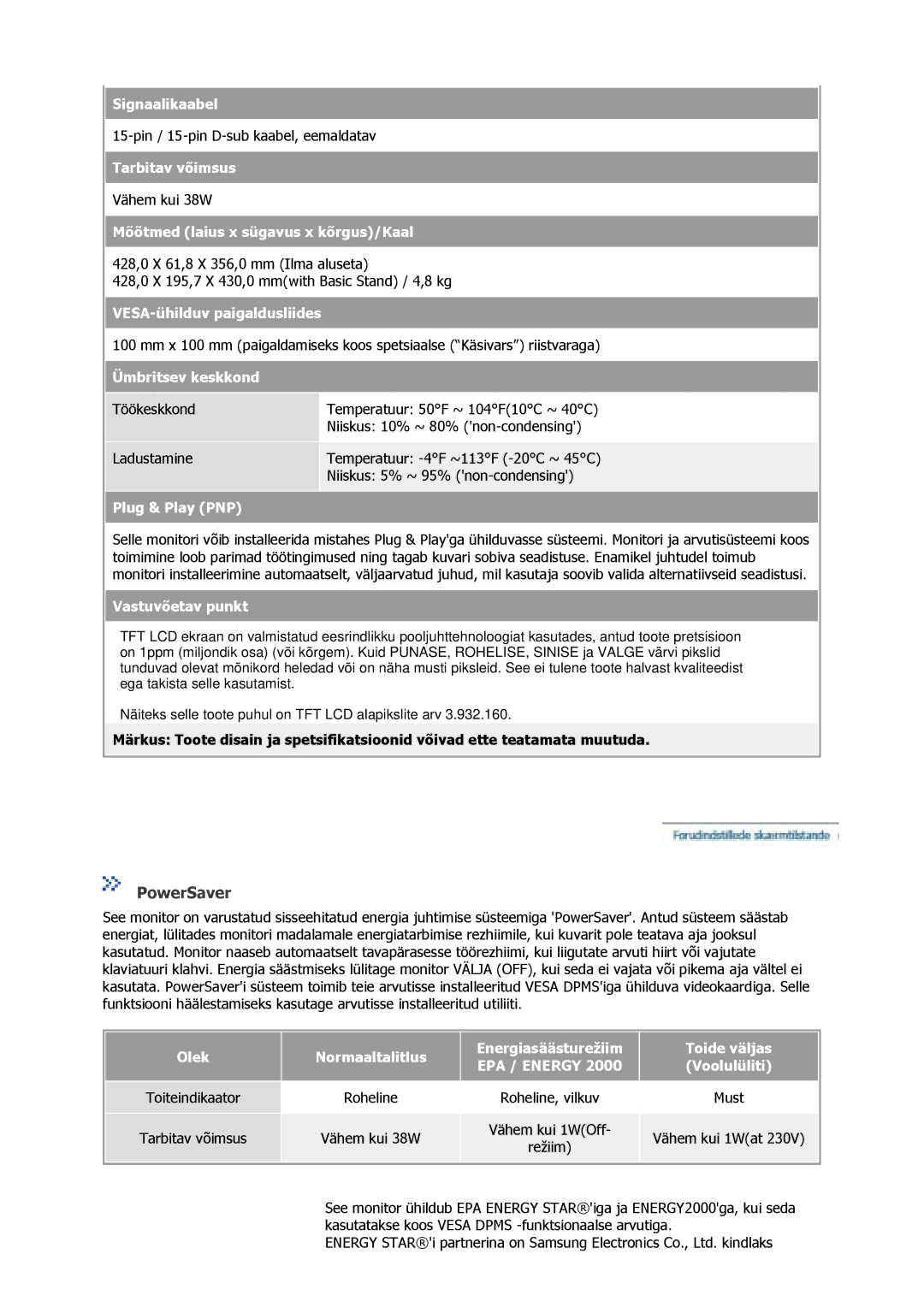 Samsung GS17VSSS/EDC, GS17VSSN/EDC, GS17CSSS/EDC manual Signaalikaabel, Režiim 