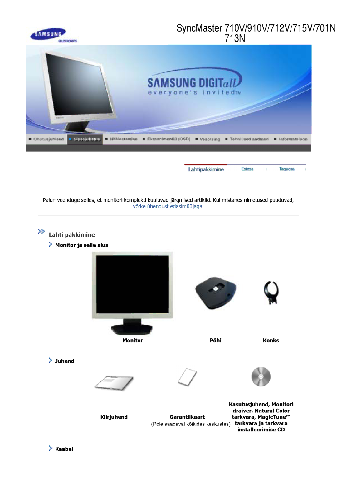Samsung GS17VSSS/EDC, GS17VSSN/EDC, GS17CSSS/EDC manual Lahti pakkimine, Tarkvara ja tarkvara, Installeerimise CD, Kaabel 