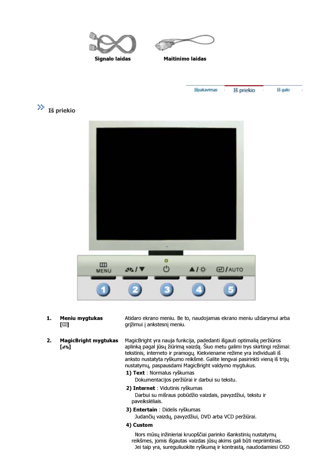 Samsung GS17VSSN/EDC, GS17VSSS/EDC, GS17CSSS/EDC manual Iš priekio, Signalo laidas Maitinimo laidas, Custom 