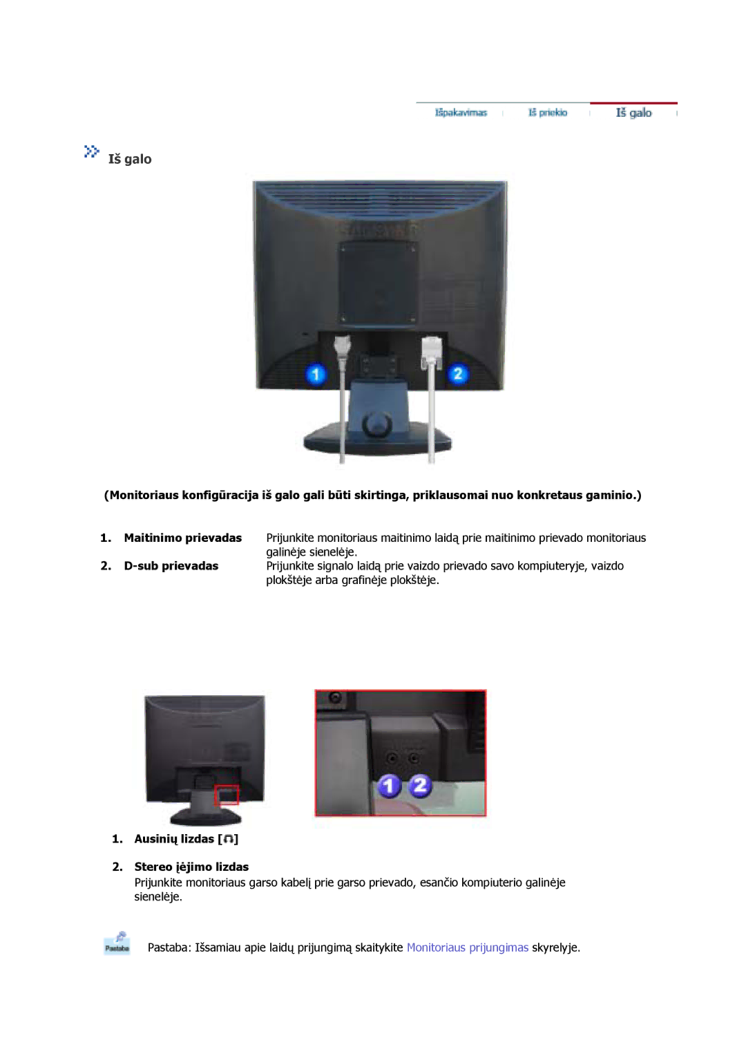 Samsung GS17VSSS/EDC, GS17VSSN/EDC, GS17CSSS/EDC manual Iš galo, Ausinių lizdas Stereo įėjimo lizdas 