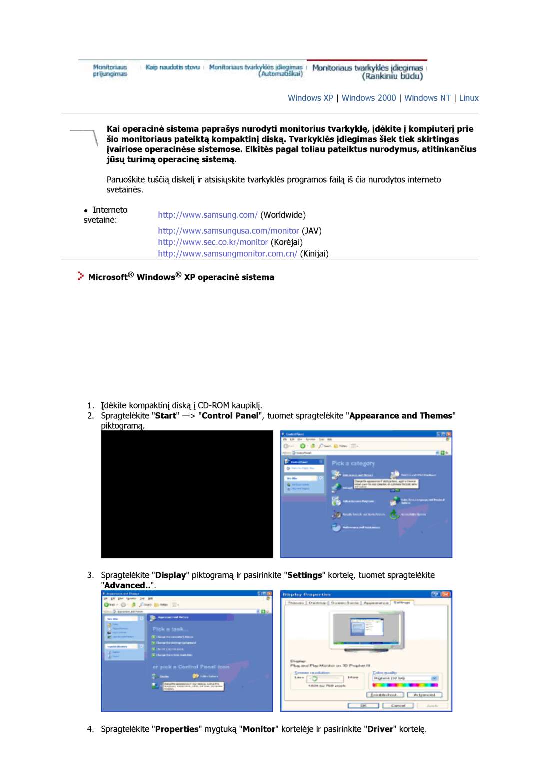 Samsung GS17VSSN/EDC, GS17VSSS/EDC, GS17CSSS/EDC manual Microsoft Windows XP operacinė sistema 